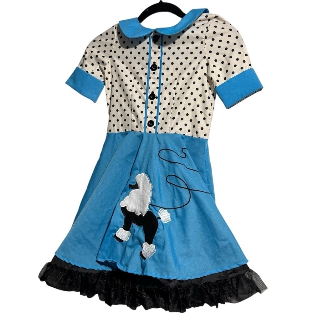 Sock Hop Poodle Skirt Dress Costume Blue and White with black Polkadots Sz 6X-8